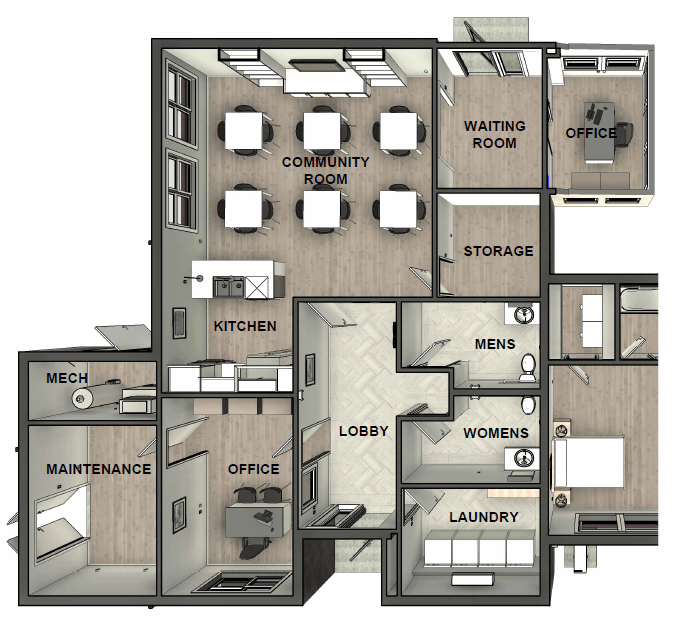 A diagram of a floor plan for a building with a kitchen, lobby, and laundry room.